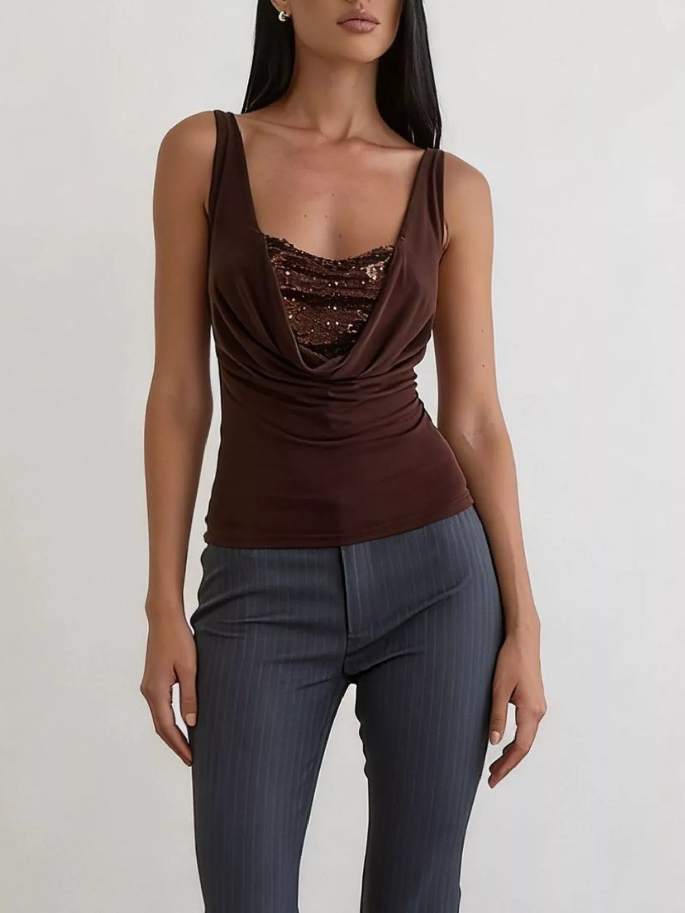 Dark Brown sequin ruched party tank top women UK