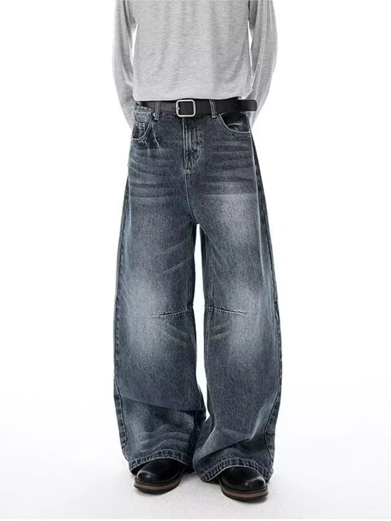 Belted wide leg jeans men's plus size Blue Gray S-2XL