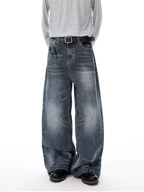 Belted wide leg jeans men's plus size Blue Gray S-2XL