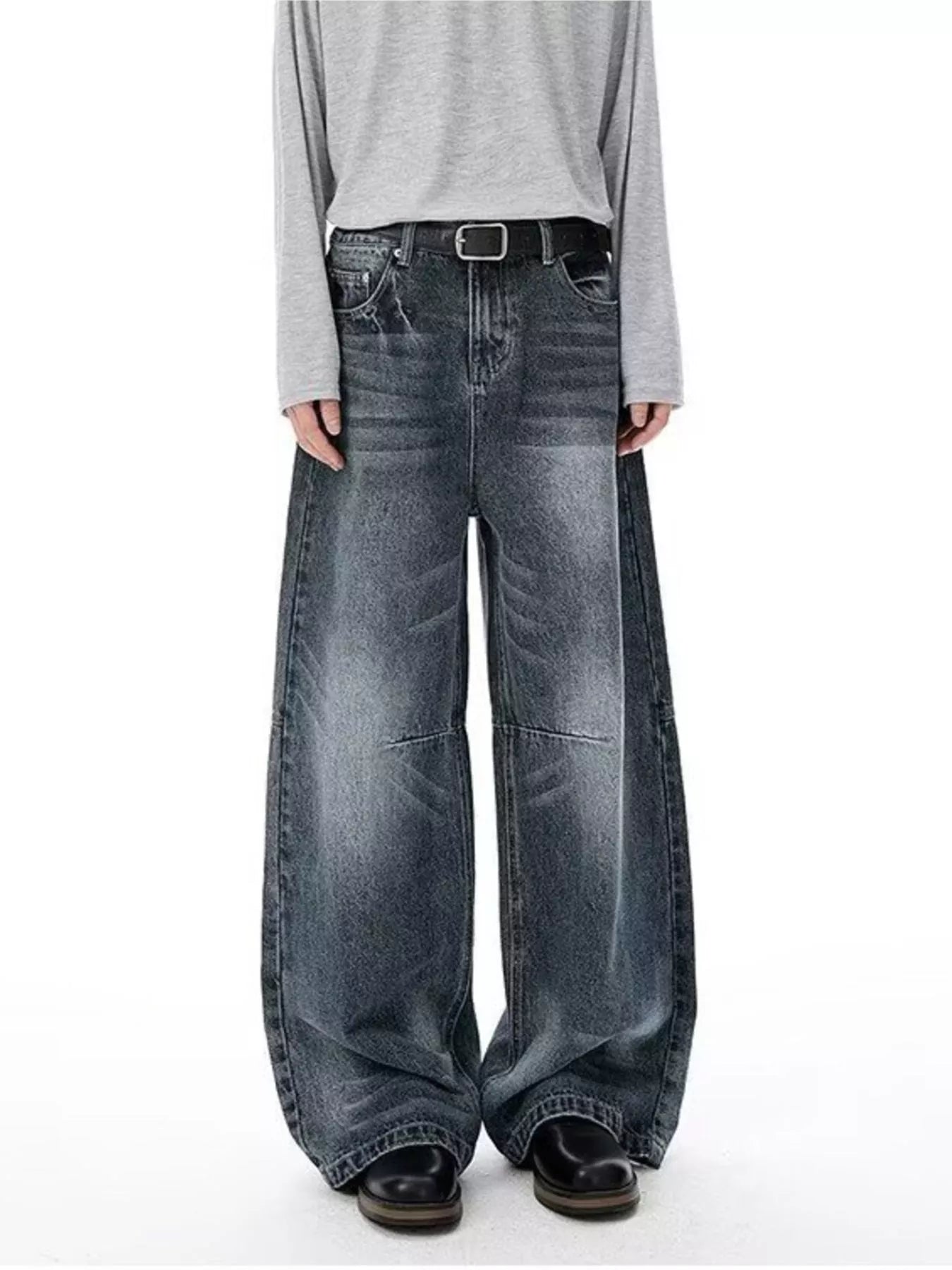 Belted wide leg jeans men's plus size Blue Gray S-2XL