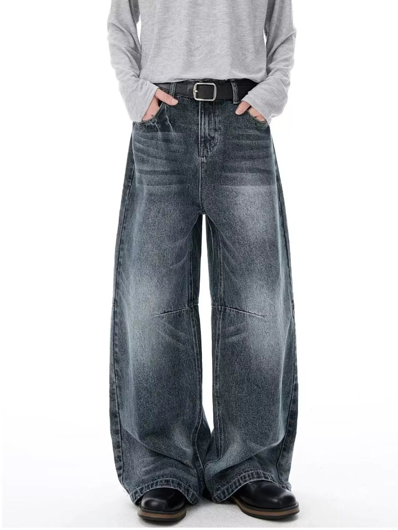 Belted wide leg jeans men's plus size Blue Gray S-2XL