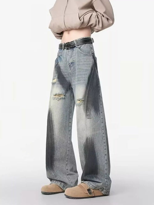 Belted wide leg jeans men plus size distressed denim M-3XL