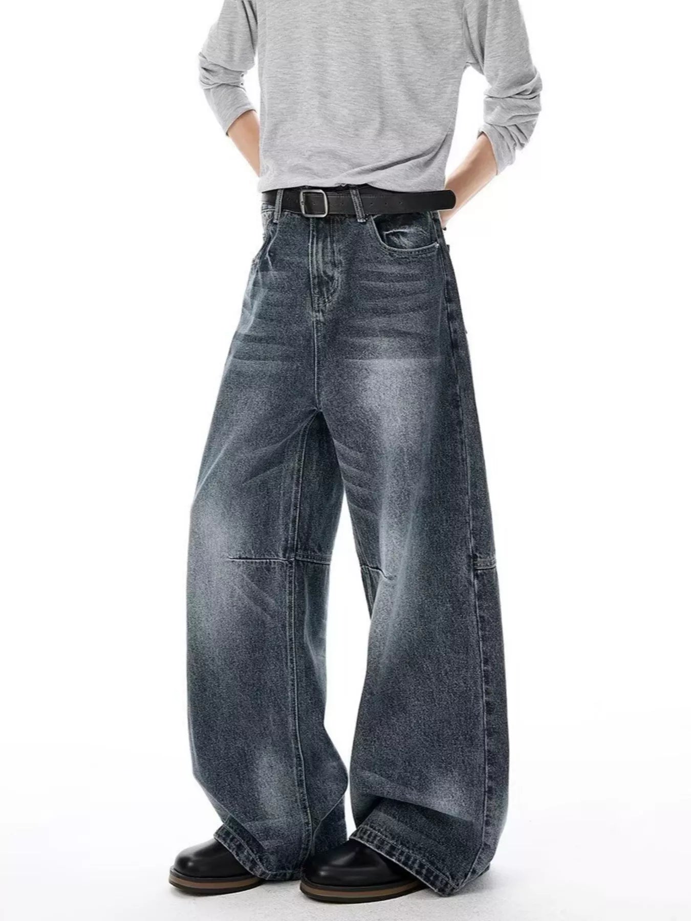 Belted wide leg jeans men's plus size Blue Gray S-2XL
