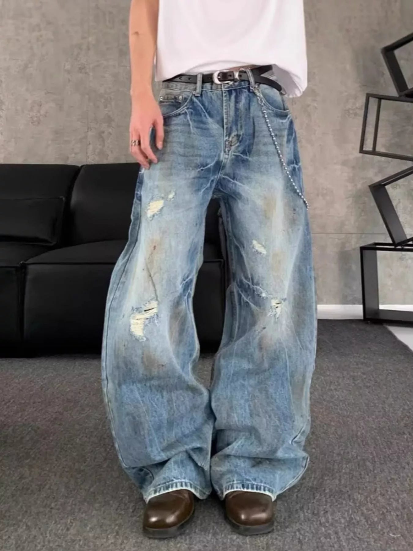 Best mens jeans plus size distressed wide leg chain detail