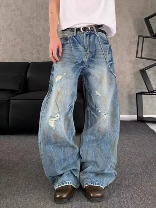 Best mens jeans plus size distressed wide leg chain detail