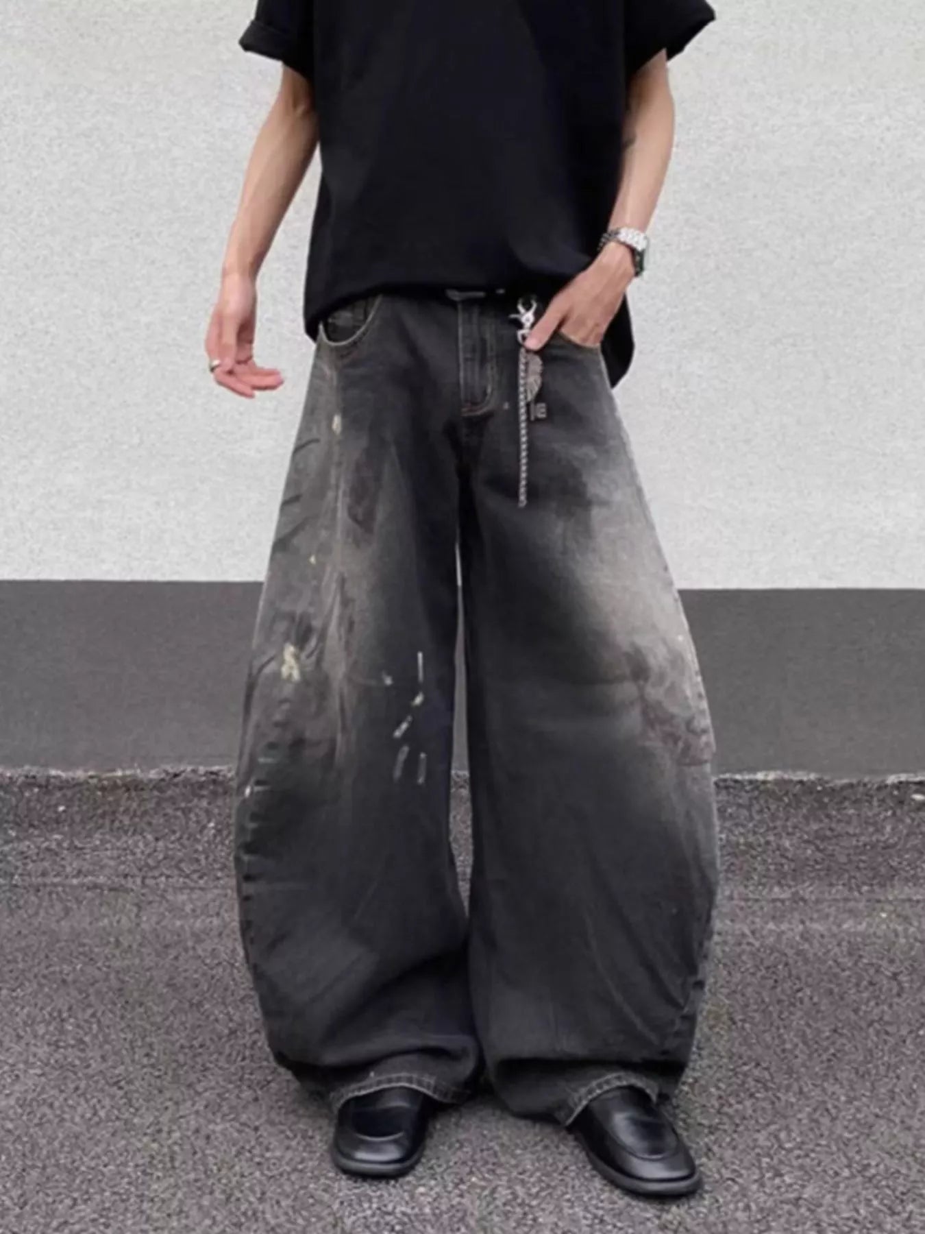 Black distressed jeans men's plus size wide leg S-2XL