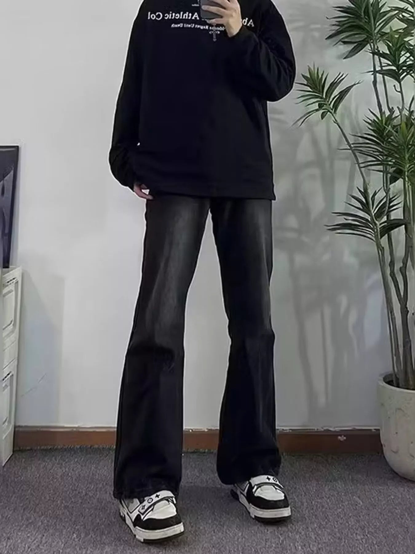 Black flare jeans for men plus size pocketed wide leg S-2XL