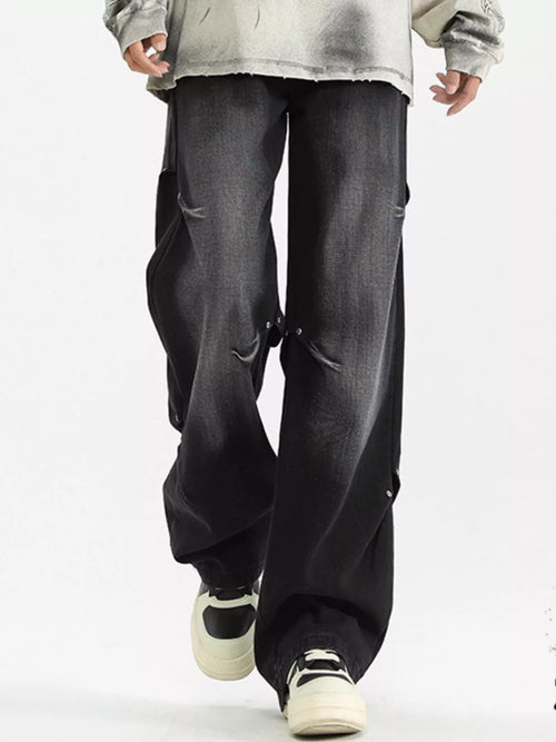Black ripped jeans mens gradient wide leg full size S-3XL