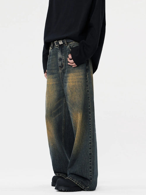 Black washed jeans men's vintage wash wide leg S-2XL