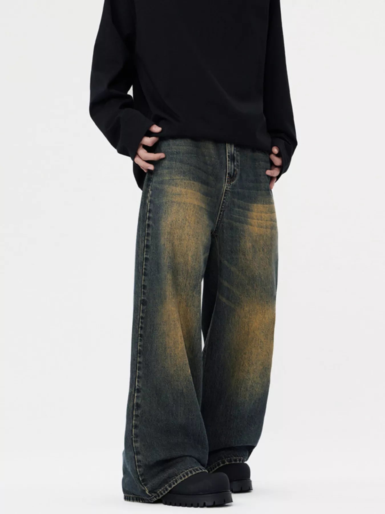 Black washed jeans men's vintage wash wide leg S-2XL
