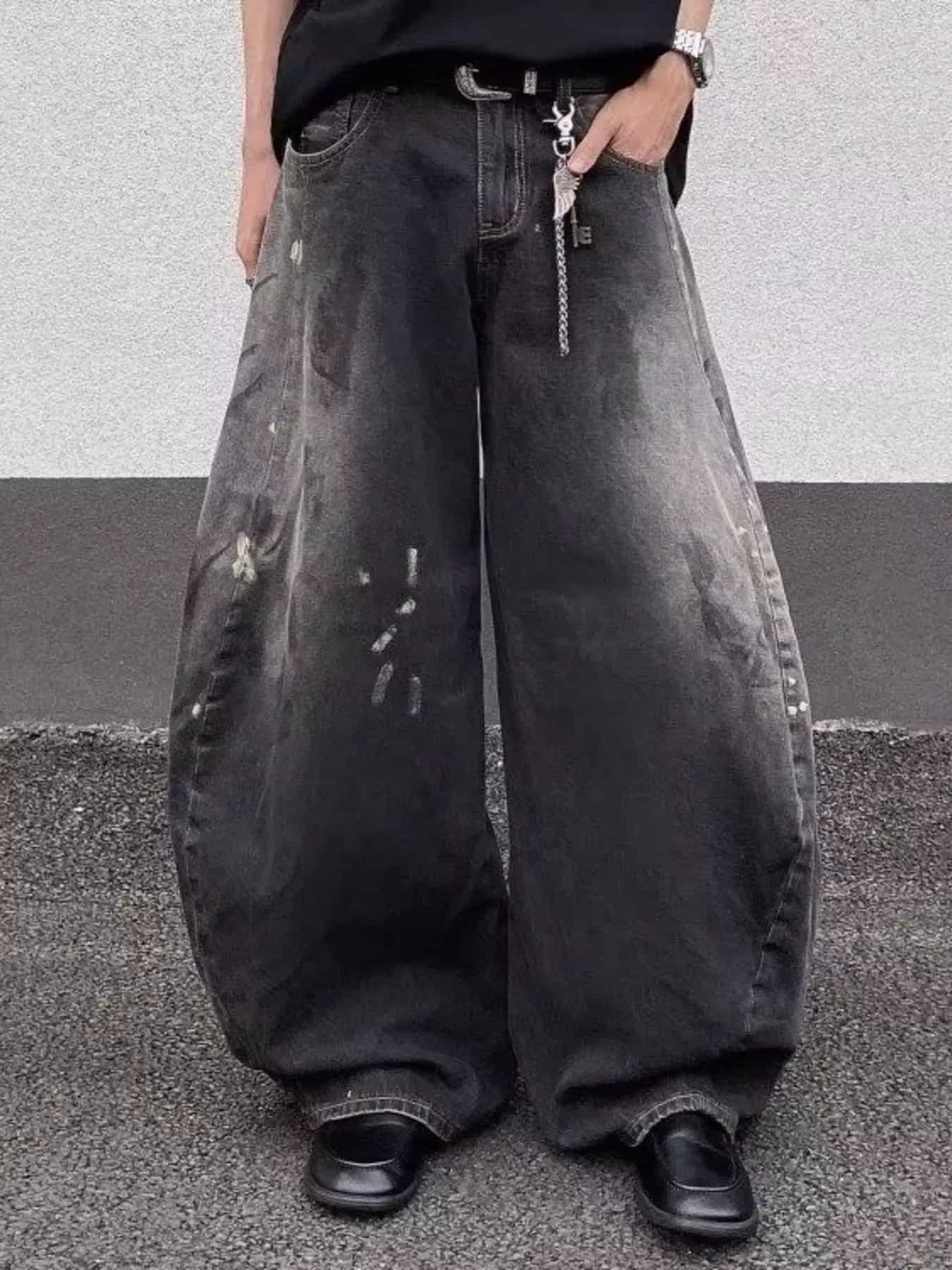 Black distressed jeans men's plus size wide leg S-2XL