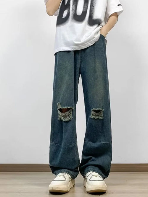 Black wide legged jeans men's oversized distressed plus size S-2XL