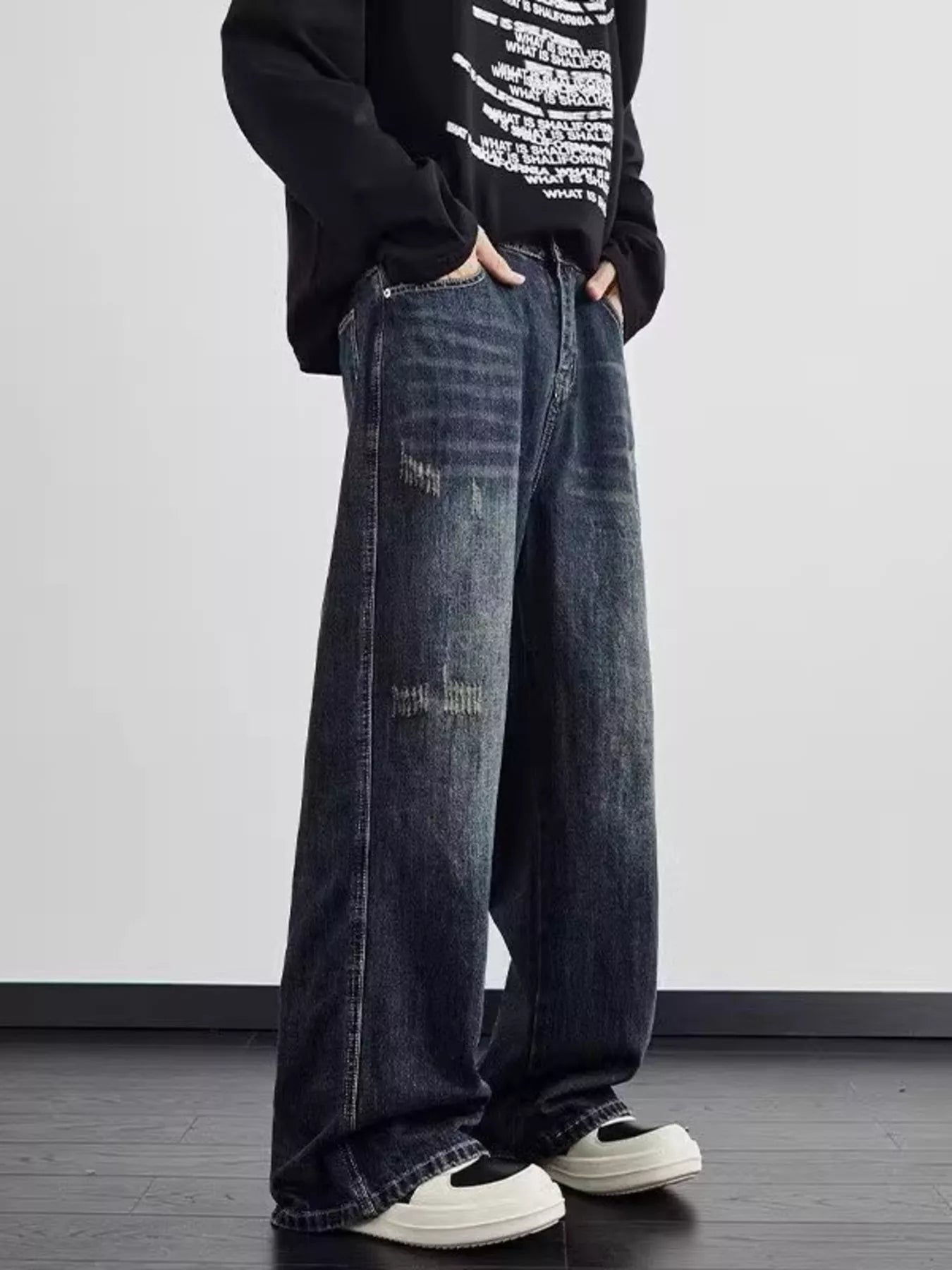 Blue distressed jeans men's plus size wide leg S-2XL