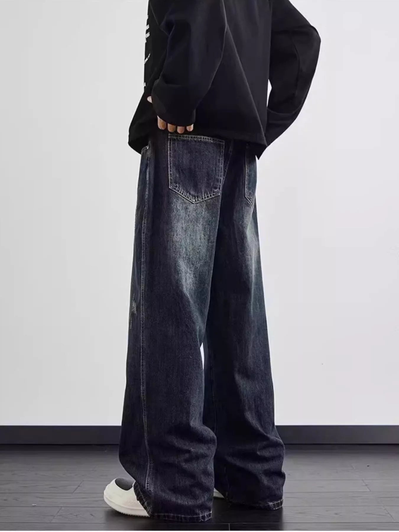 Blue distressed jeans men's plus size wide leg S-2XL