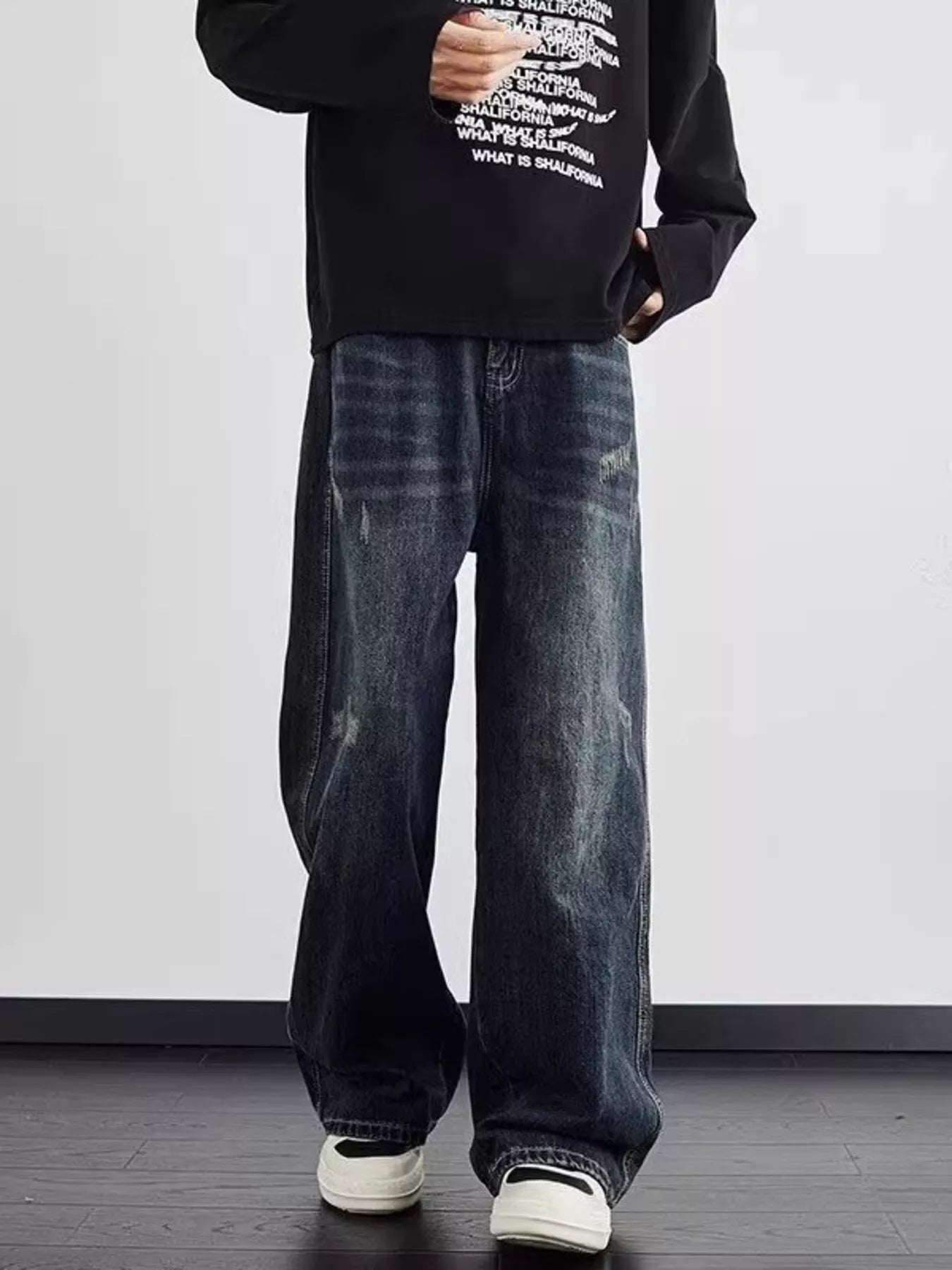 Blue distressed jeans men's plus size wide leg S-2XL