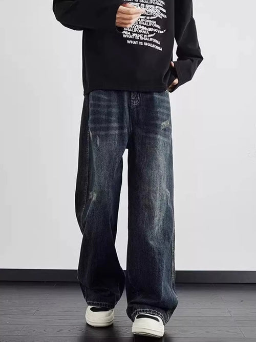 Blue distressed jeans men's plus size wide leg S-2XL