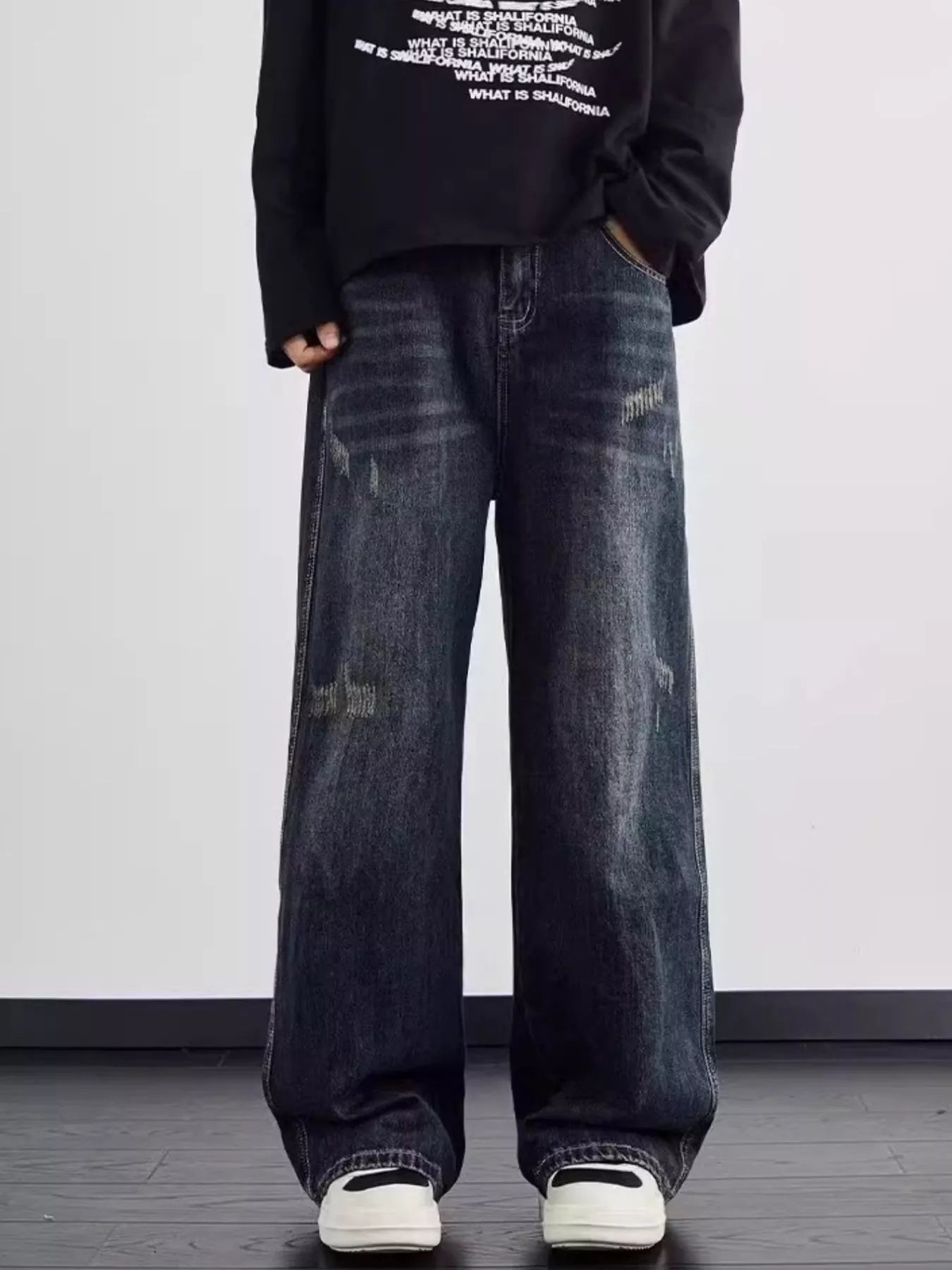 Blue distressed jeans men's plus size wide leg S-2XL
