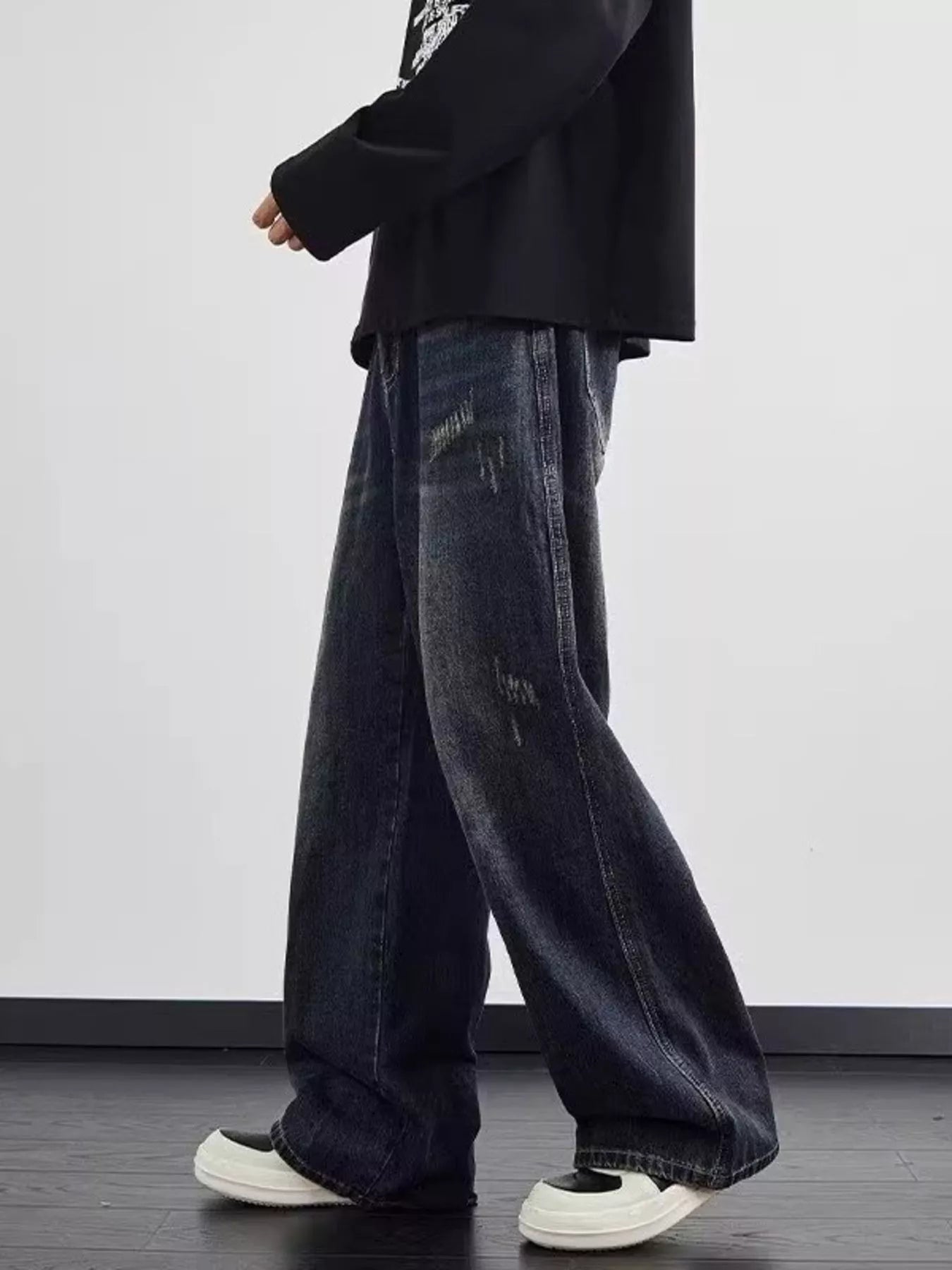 Blue distressed jeans men's plus size wide leg S-2XL