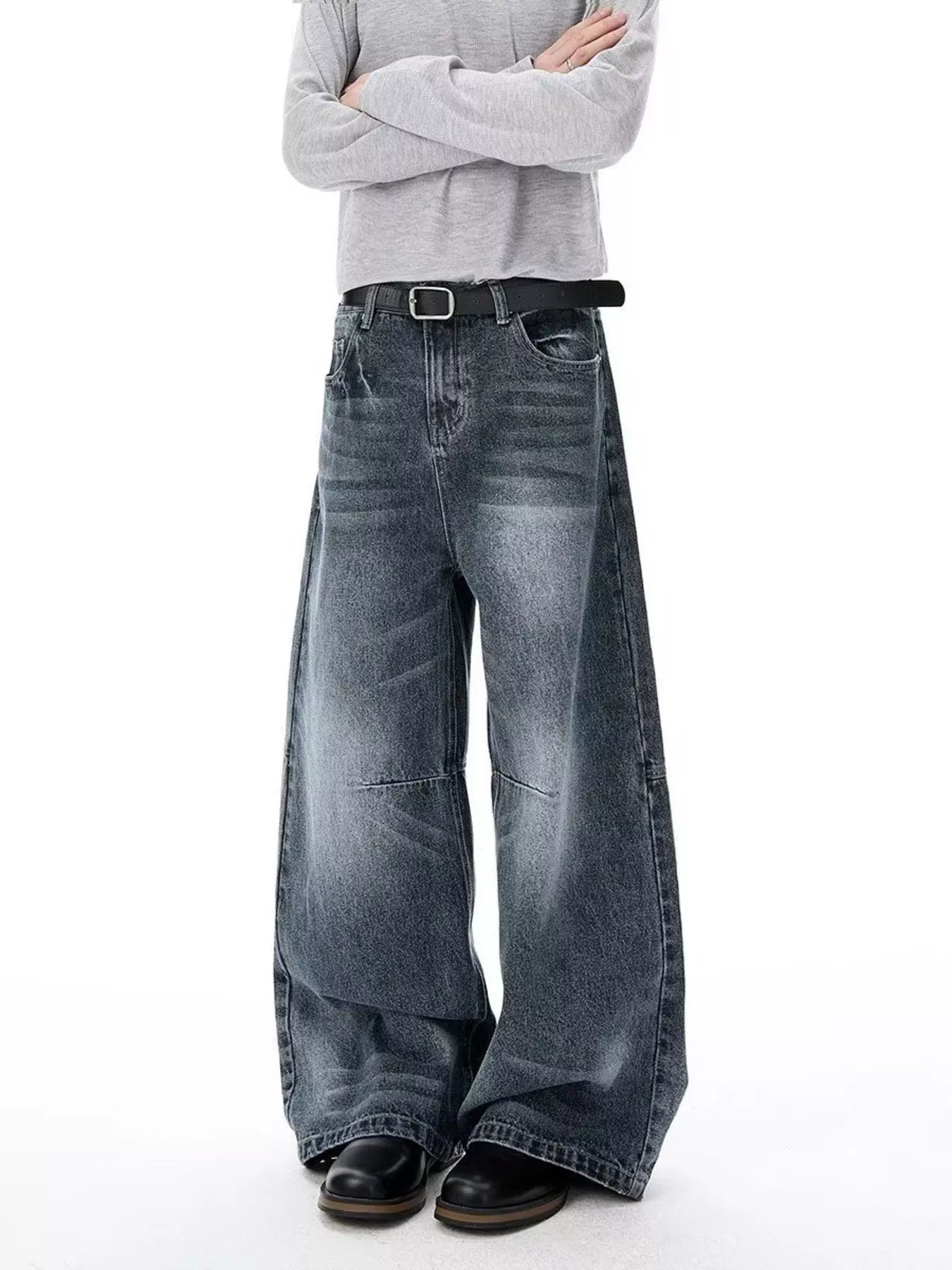 Belted wide leg jeans men's plus size Blue Gray S-2XL