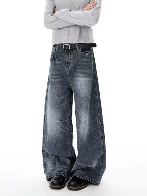 Belted wide leg jeans men's plus size Blue Gray S-2XL