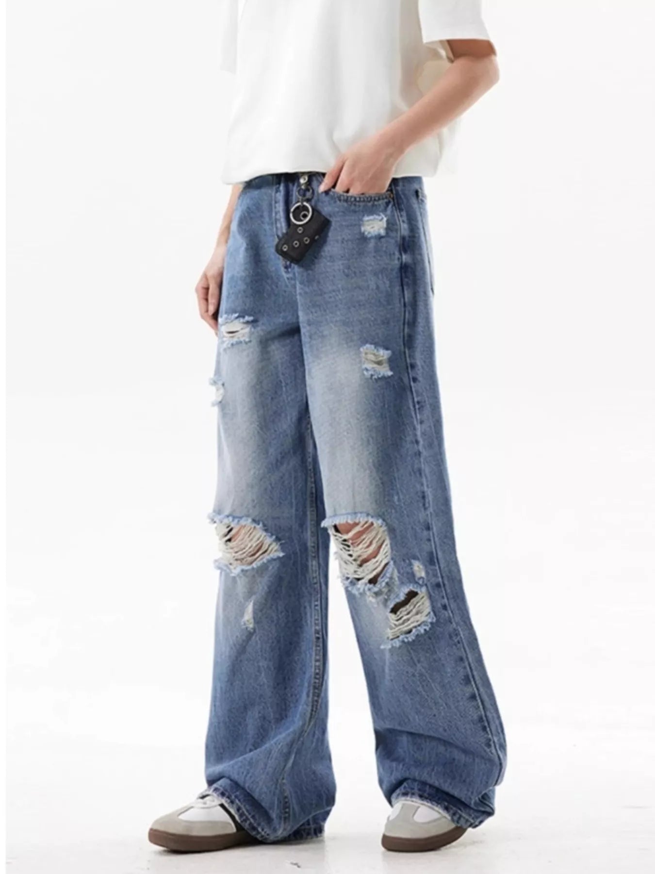 Blue ripped wide leg jeans men plus size denim S-2XL