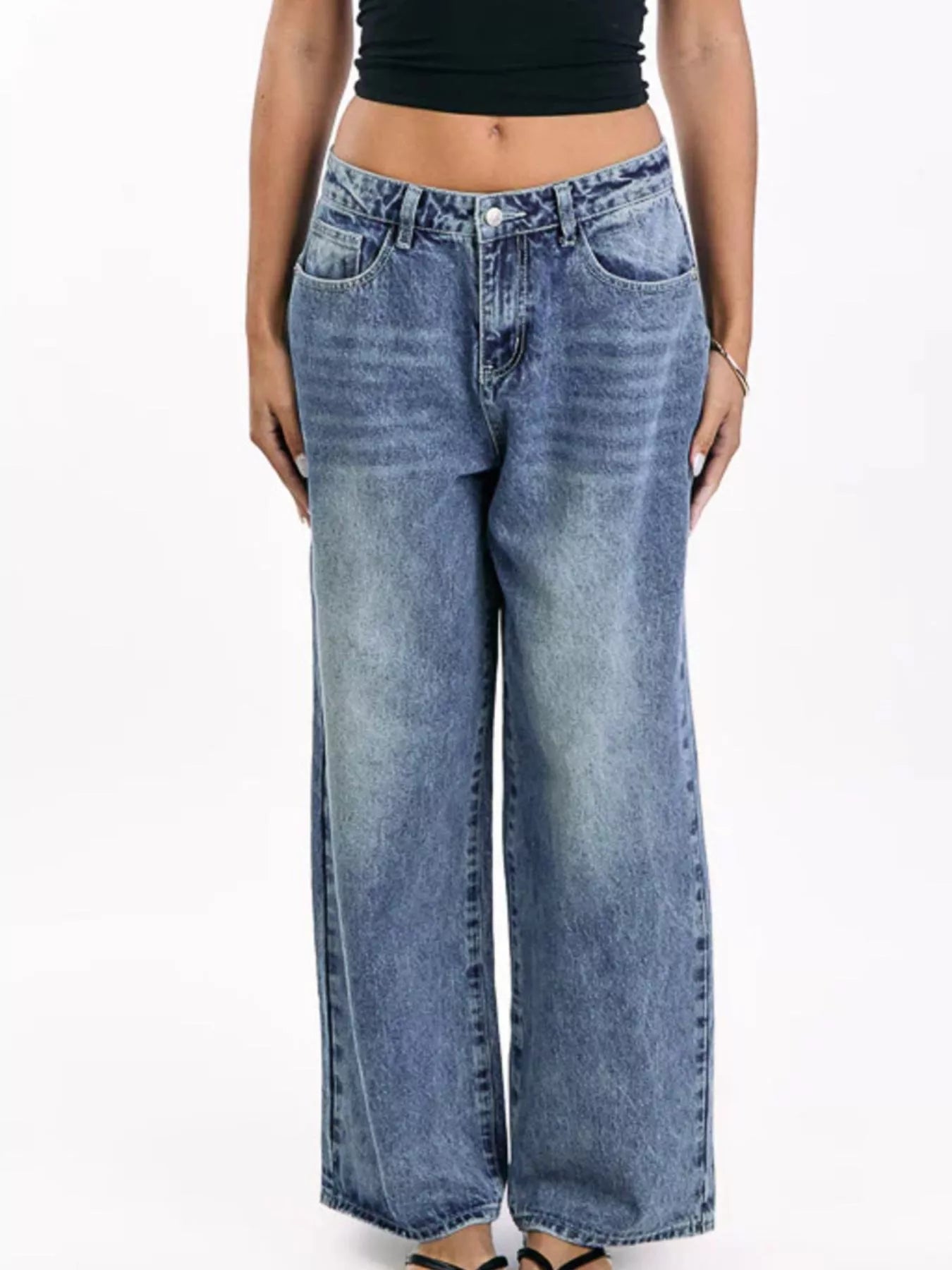 Blue straight leg jeans women's pocketed buttoned denim