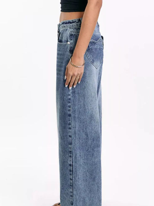 Blue straight leg jeans women's pocketed buttoned denim