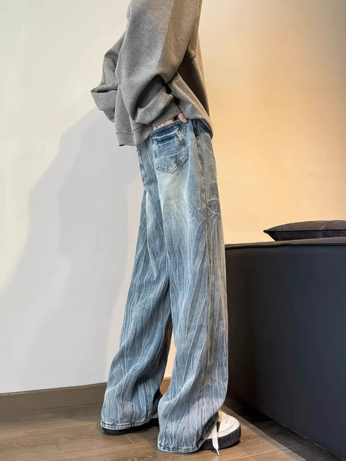 Blue wide leg jeans vintage Cat's Whisker detail plus size S-2XL