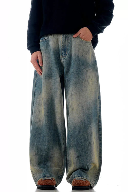 Blue wide leg jeans men's vintage wash denim S-2XL