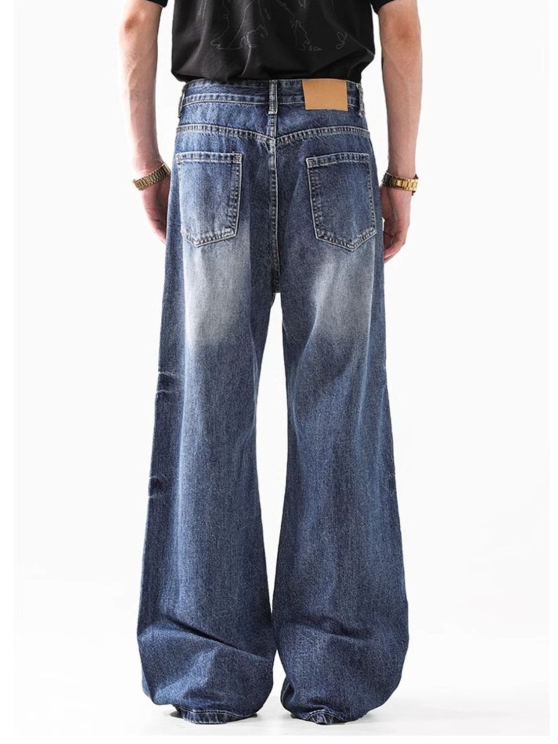 Men's wide leg jeans premium washed cotton denim S-2XL