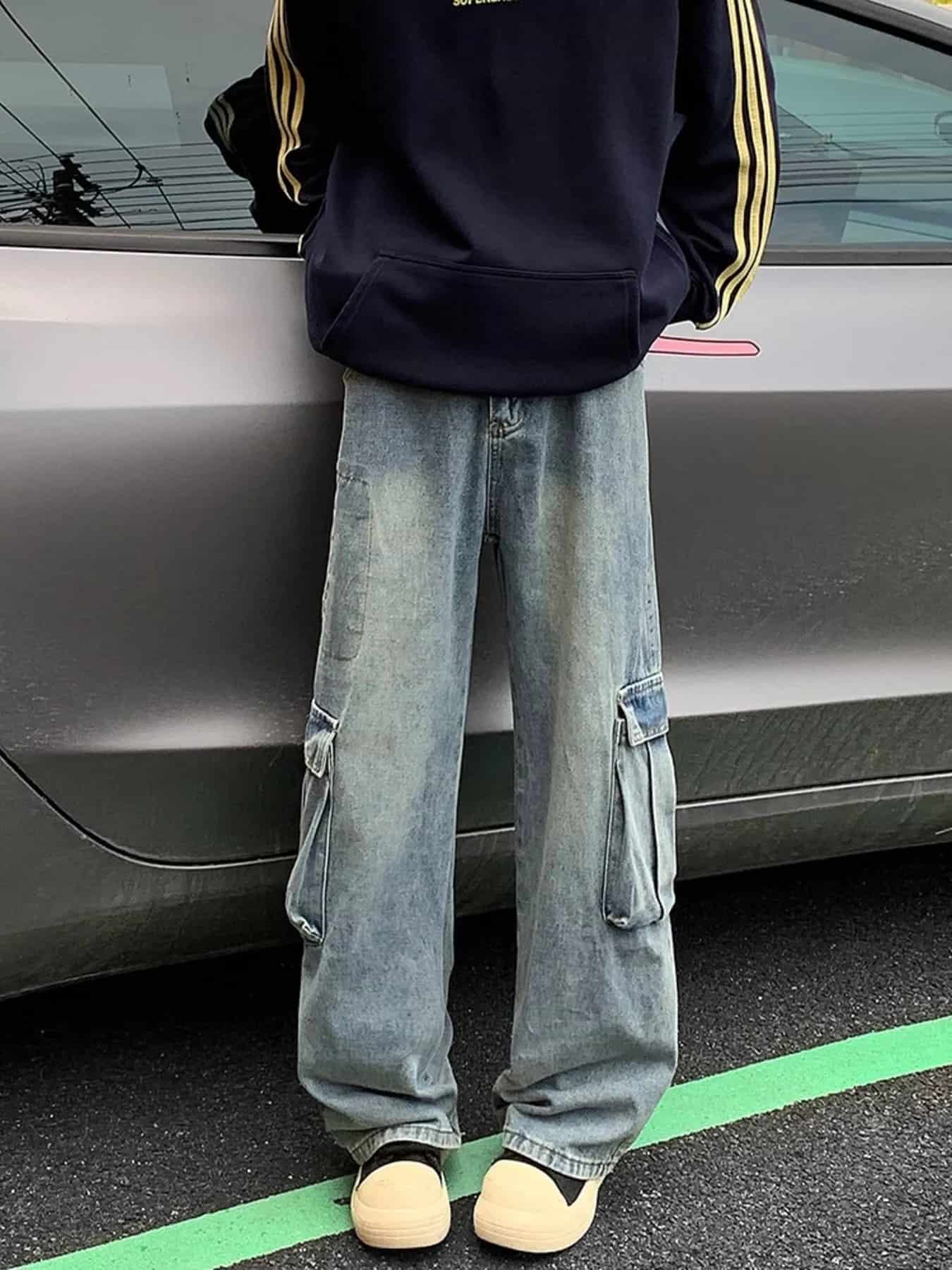 Vintage cargo jeans men plus size distressed wide leg denim S-2XL