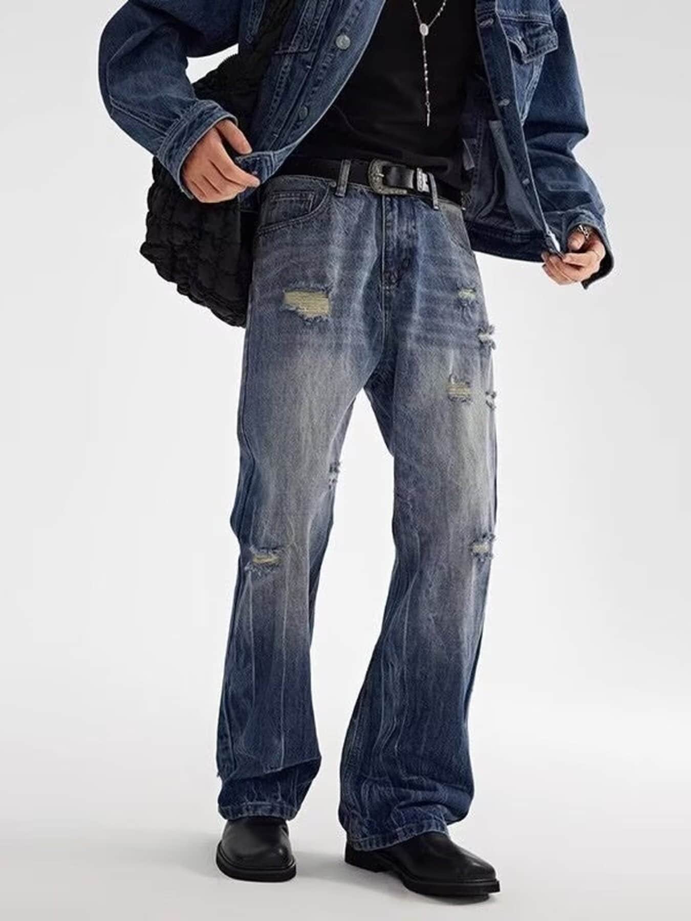 Loose fit jeans for men plus size distressed wide leg denim S-2XL