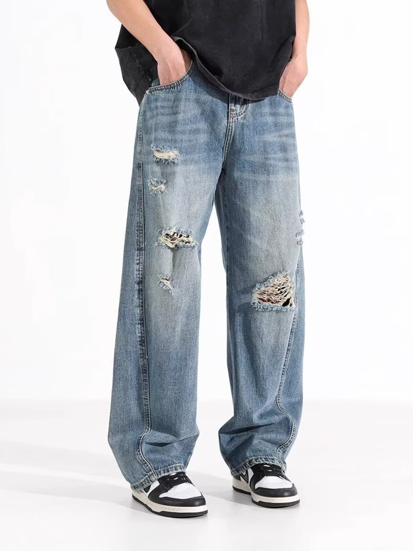 Distressed jeans men's plus size 100 cotton wide leg S-2XL
