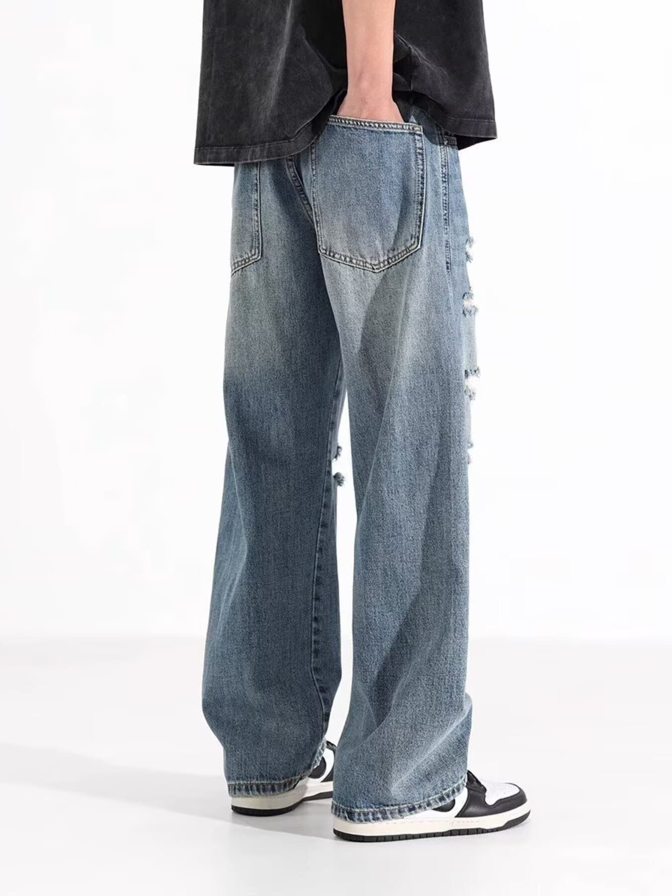 Distressed jeans men's plus size 100 cotton wide leg S-2XL