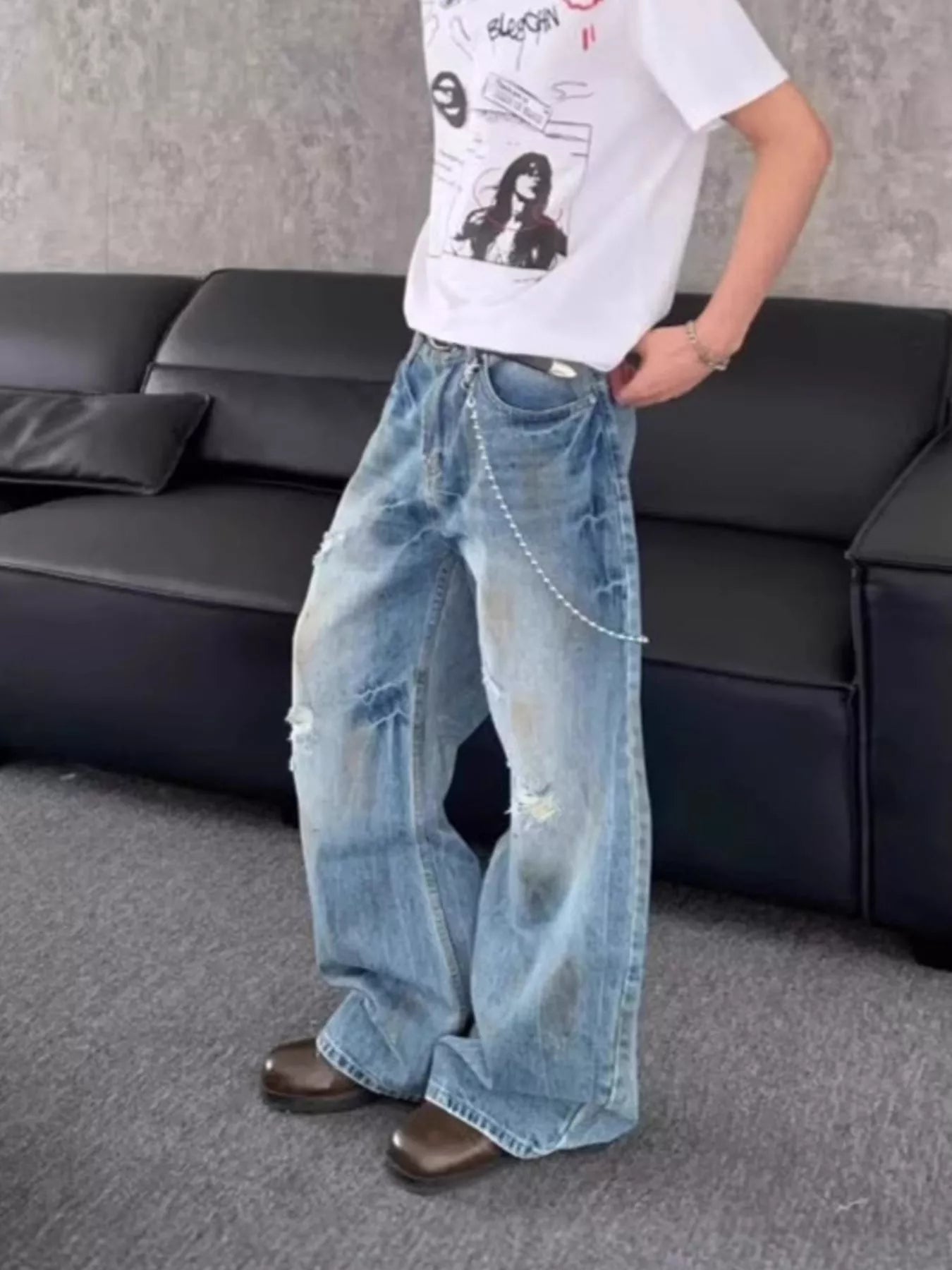 Best mens jeans plus size distressed wide leg chain detail