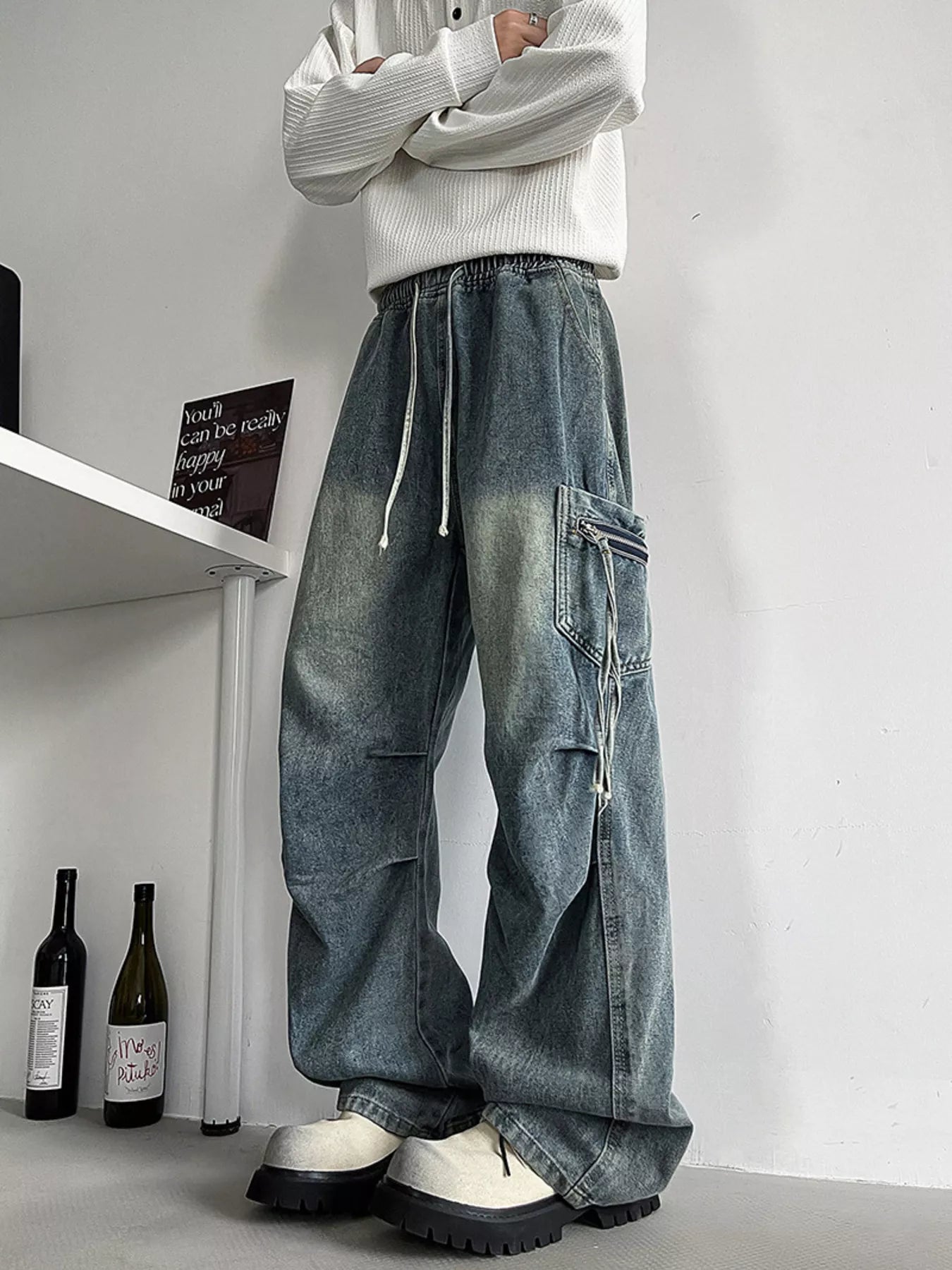 Drawstring cargo jeans men plus size utility denim M-3XL