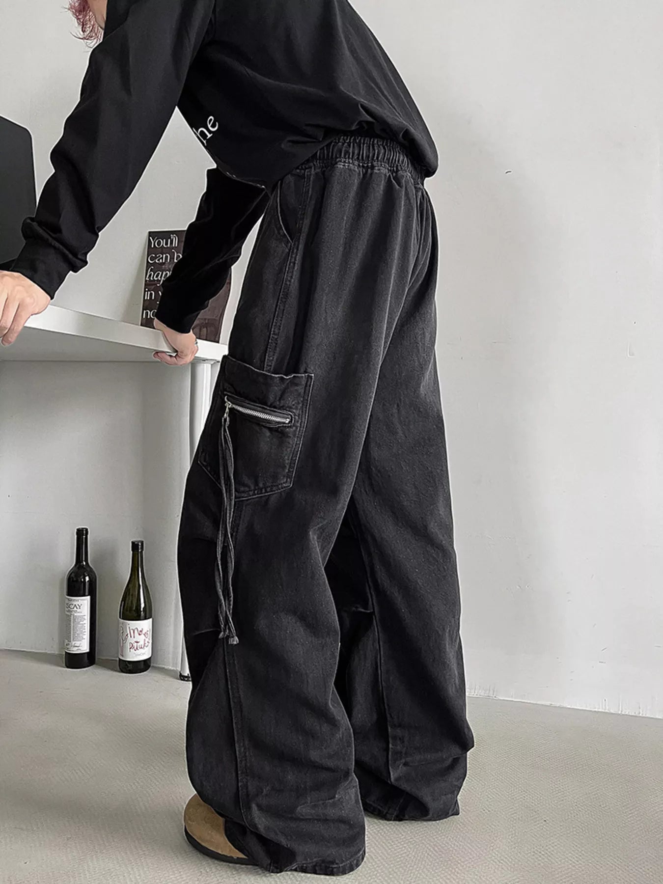 Drawstring cargo jeans men plus size utility denim M-3XL