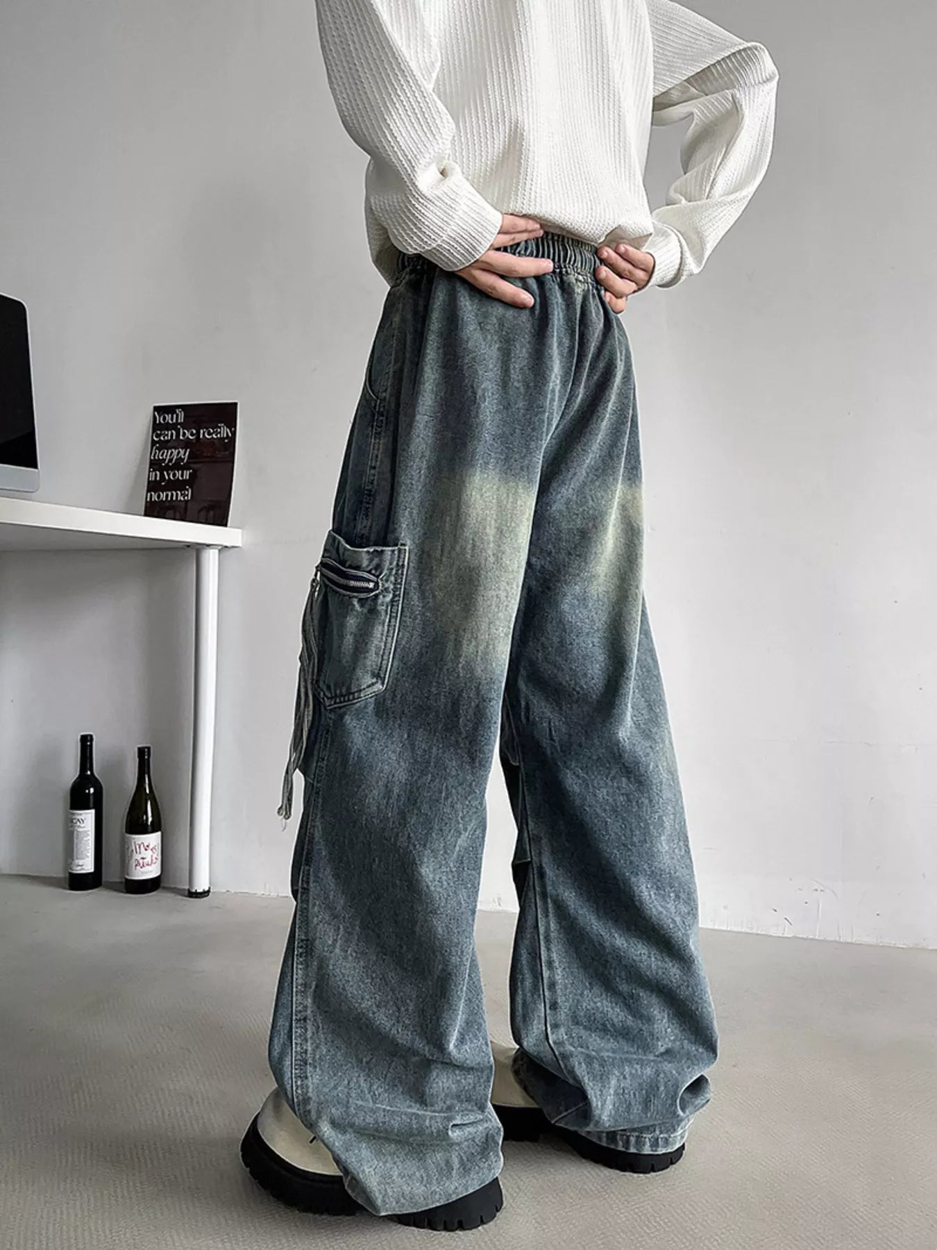 Drawstring cargo jeans men plus size utility denim M-3XL
