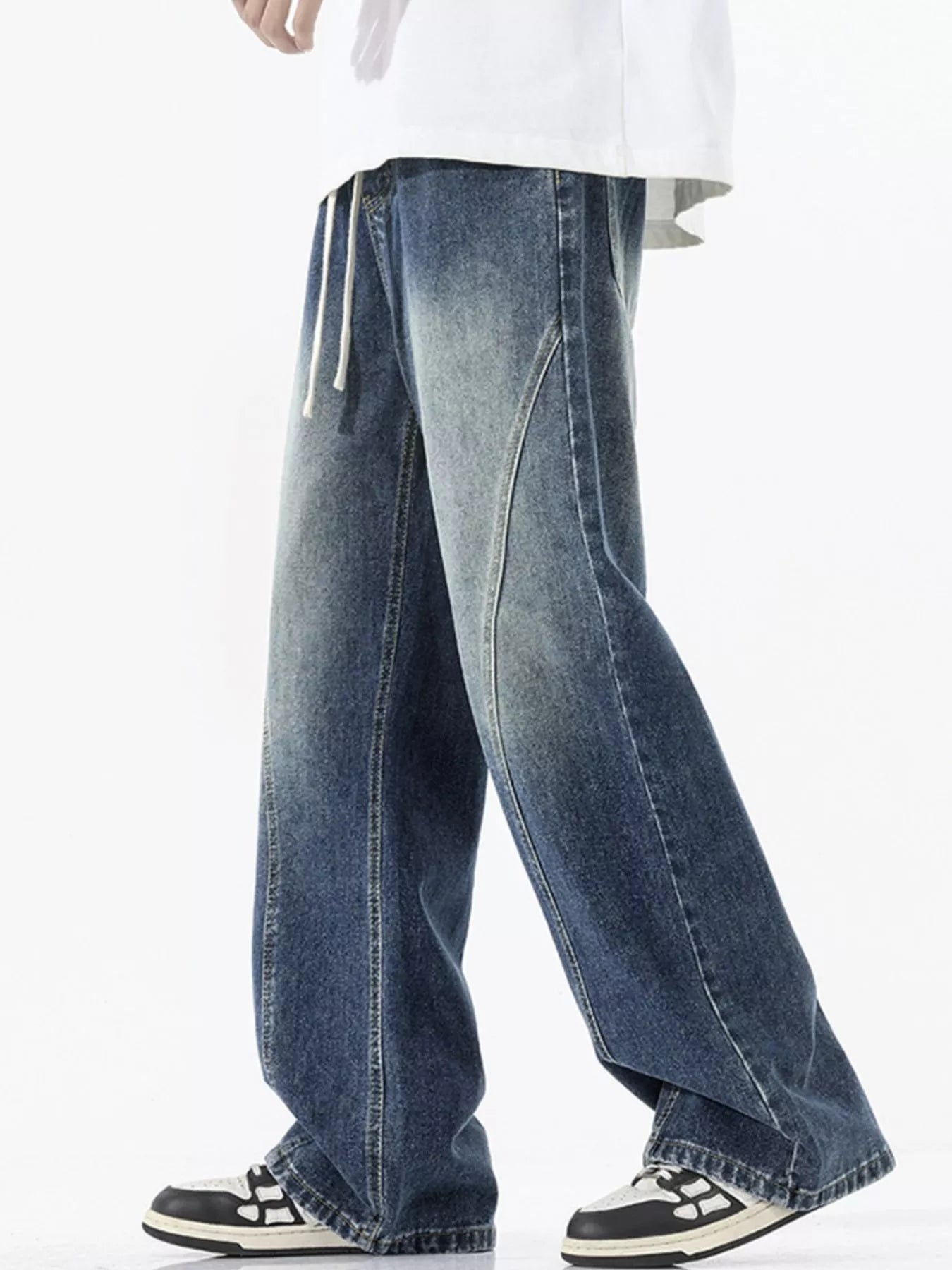 High waisted denim jeans flare vintage blue drawstring S-5XL