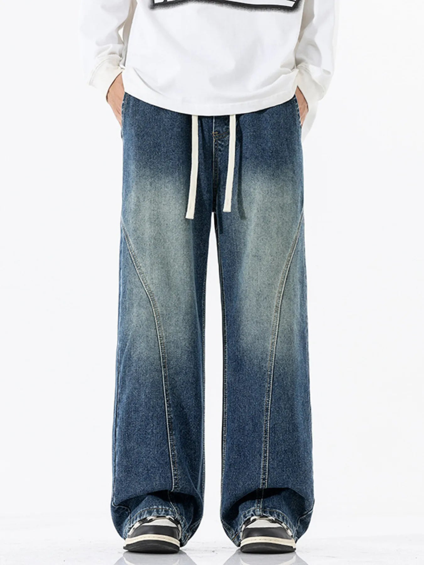High waisted denim jeans flare vintage blue drawstring S-5XL