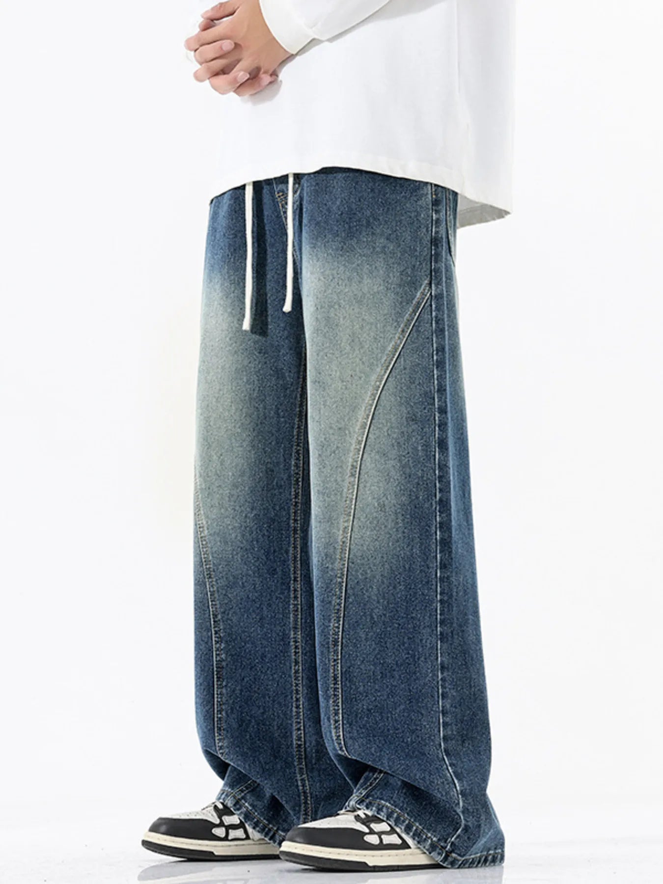 High waisted denim jeans flare vintage blue drawstring S-5XL