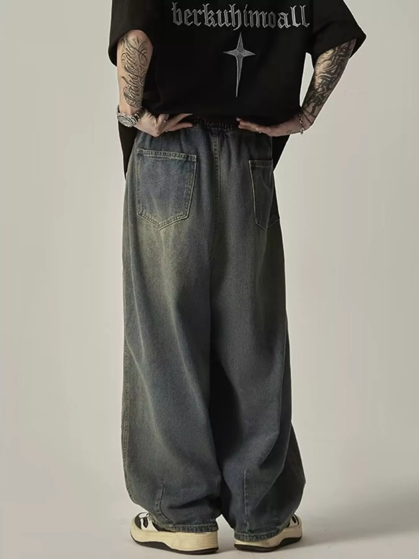 Drawstring wide leg jeans men plus size vintage denim M-3XL