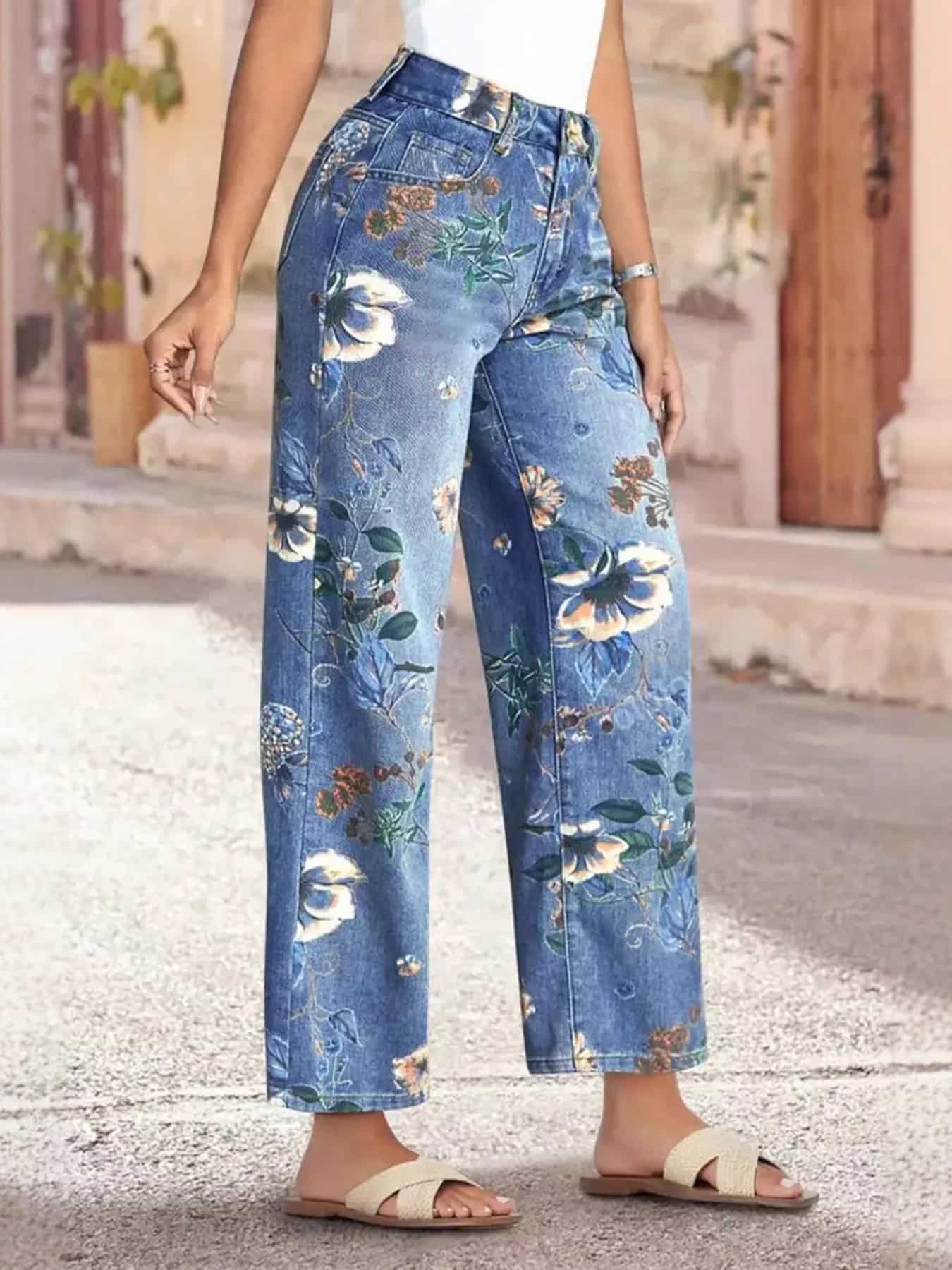 Floral jeans womens pocketed wide leg denim