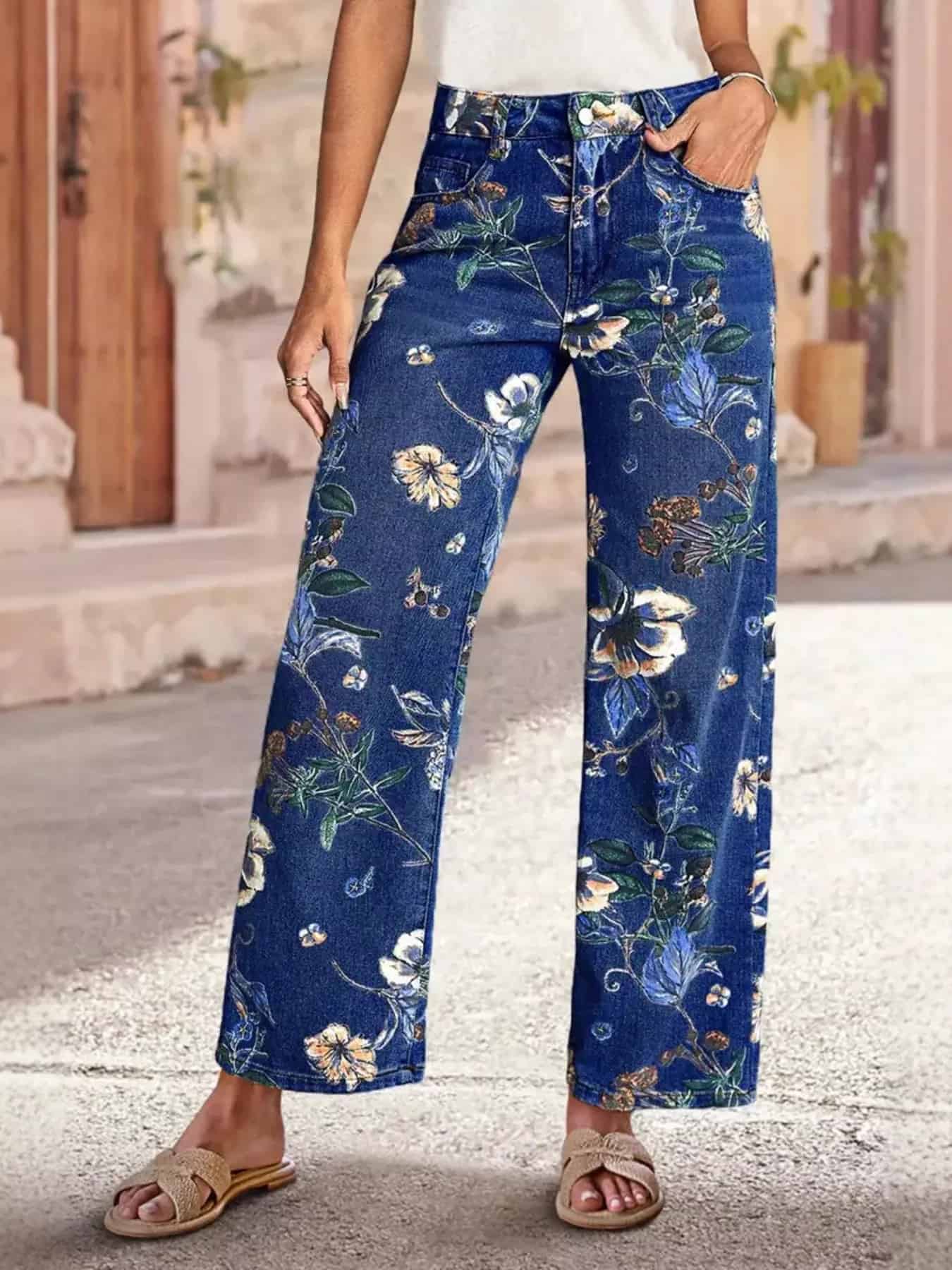 Floral jeans womens pocketed wide leg denim
