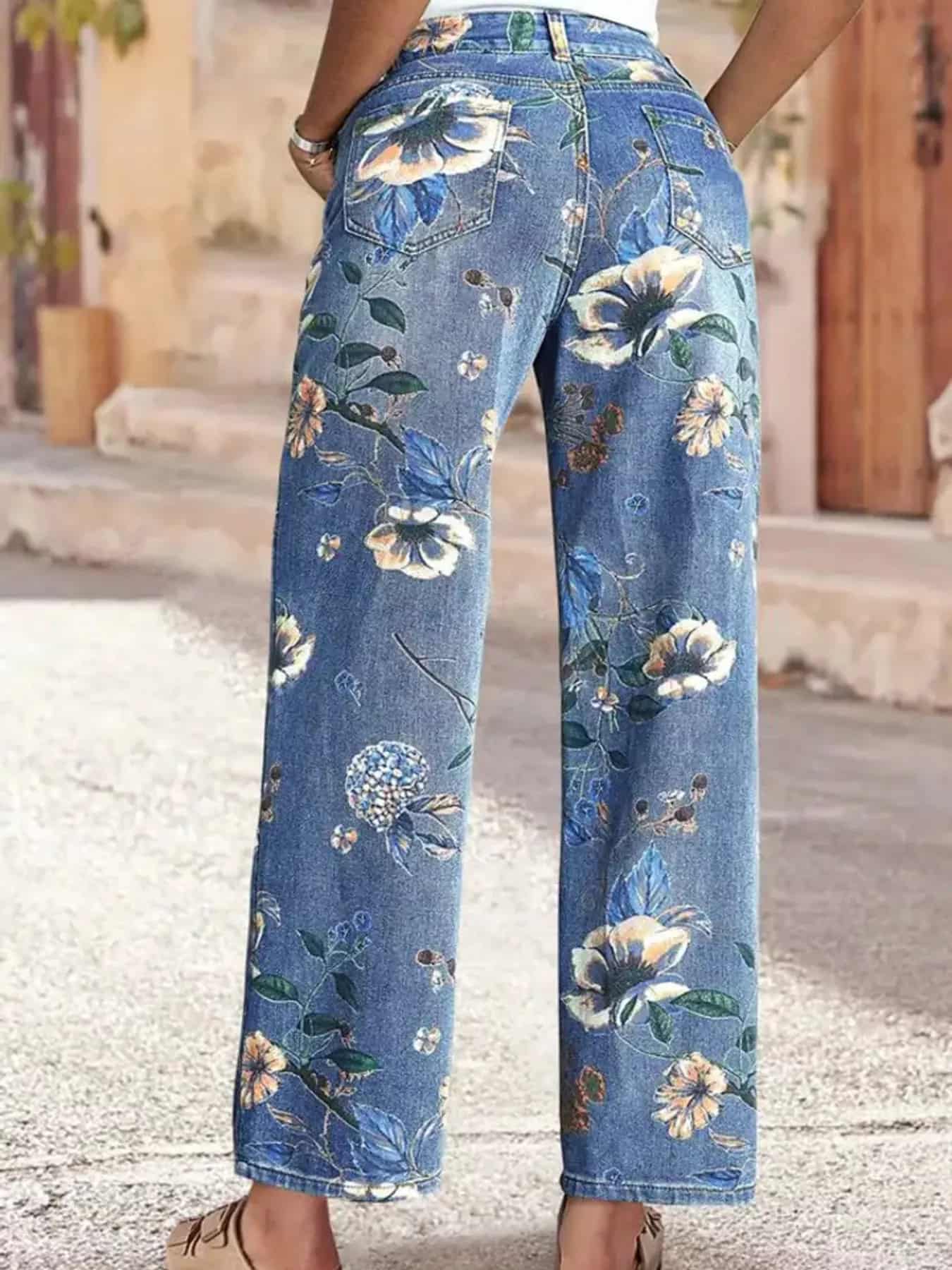 Floral jeans womens pocketed wide leg denim