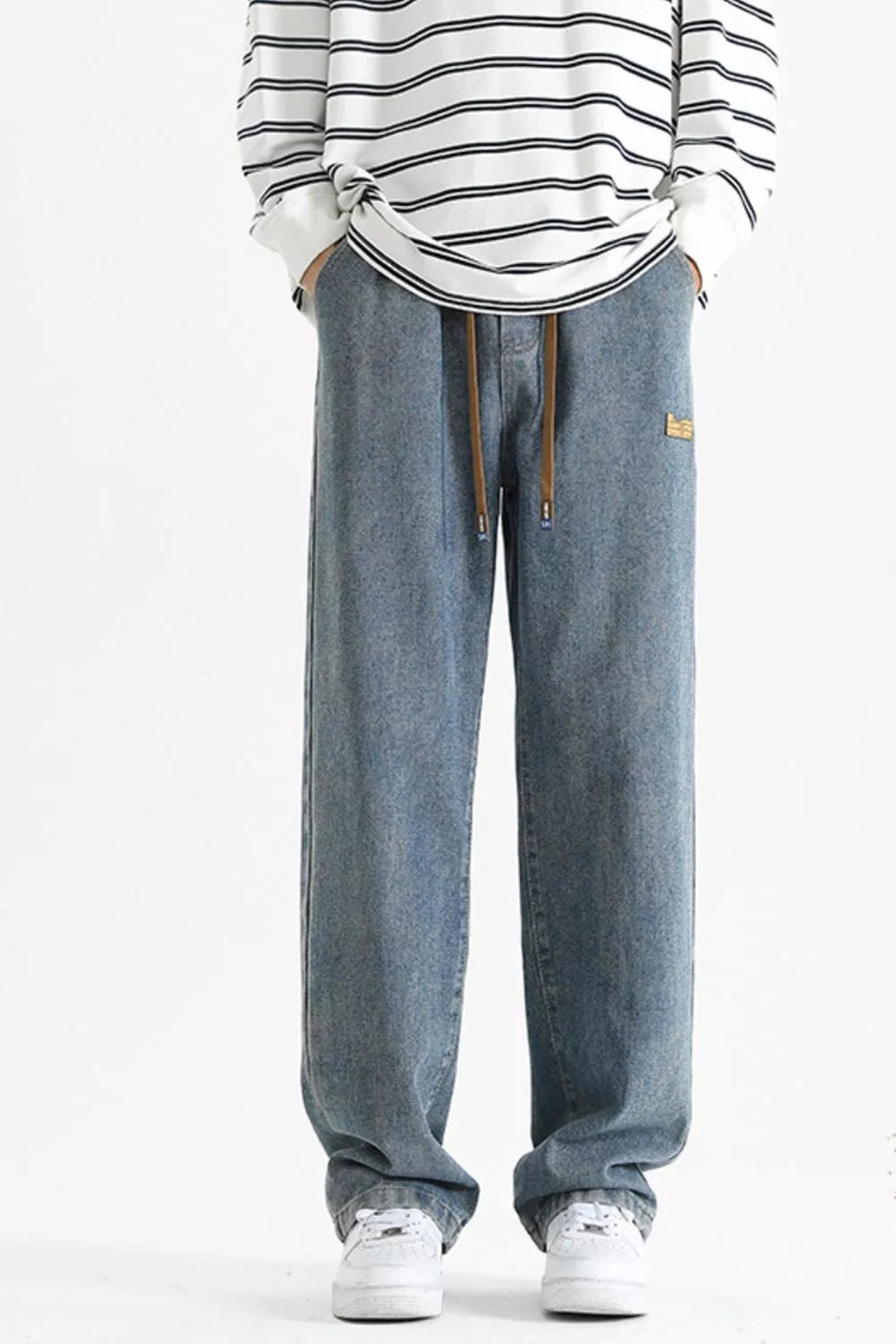 High waist straight leg jeans men's drawstring loose fit plus size S-3XL