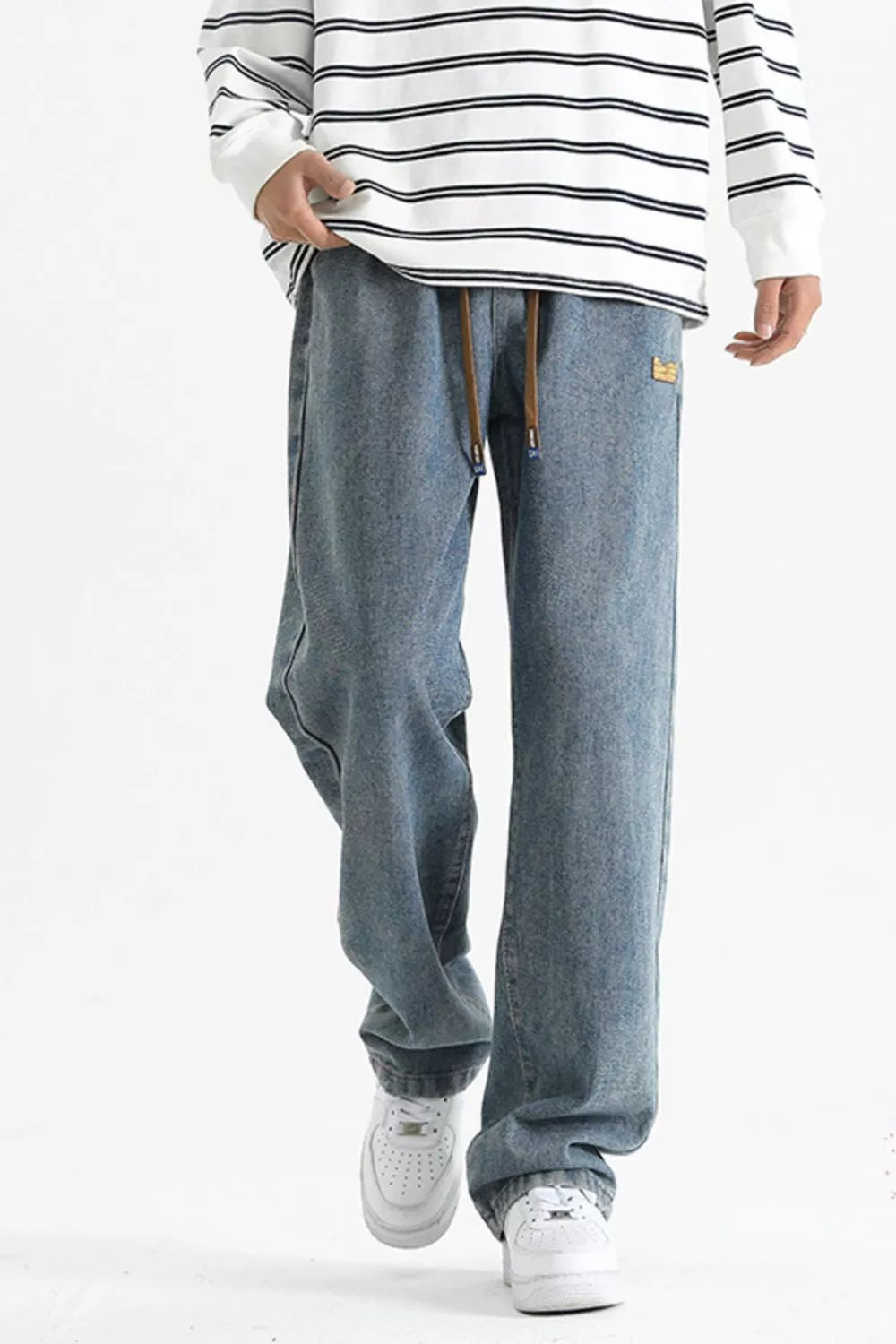 High waist straight leg jeans men's drawstring loose fit plus size S-3XL