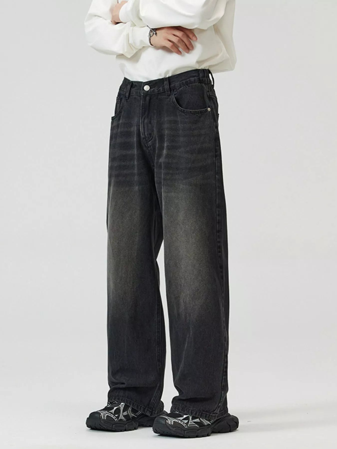 High waist straight leg jeans Vintage Black plus size men's S-3XL 
