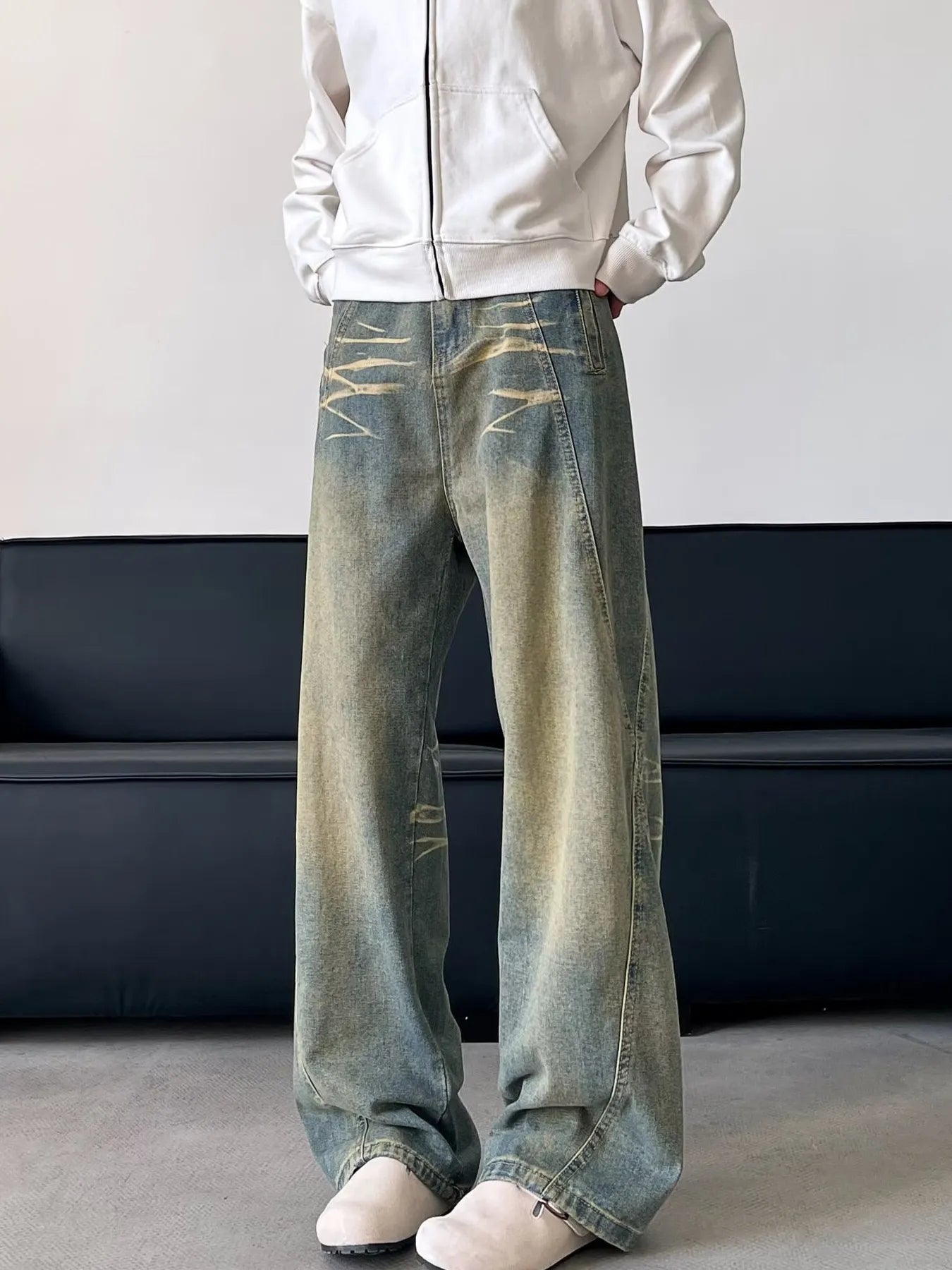High waisted denim jeans flare Yellow Mud Colour plus size wide leg S-2XL