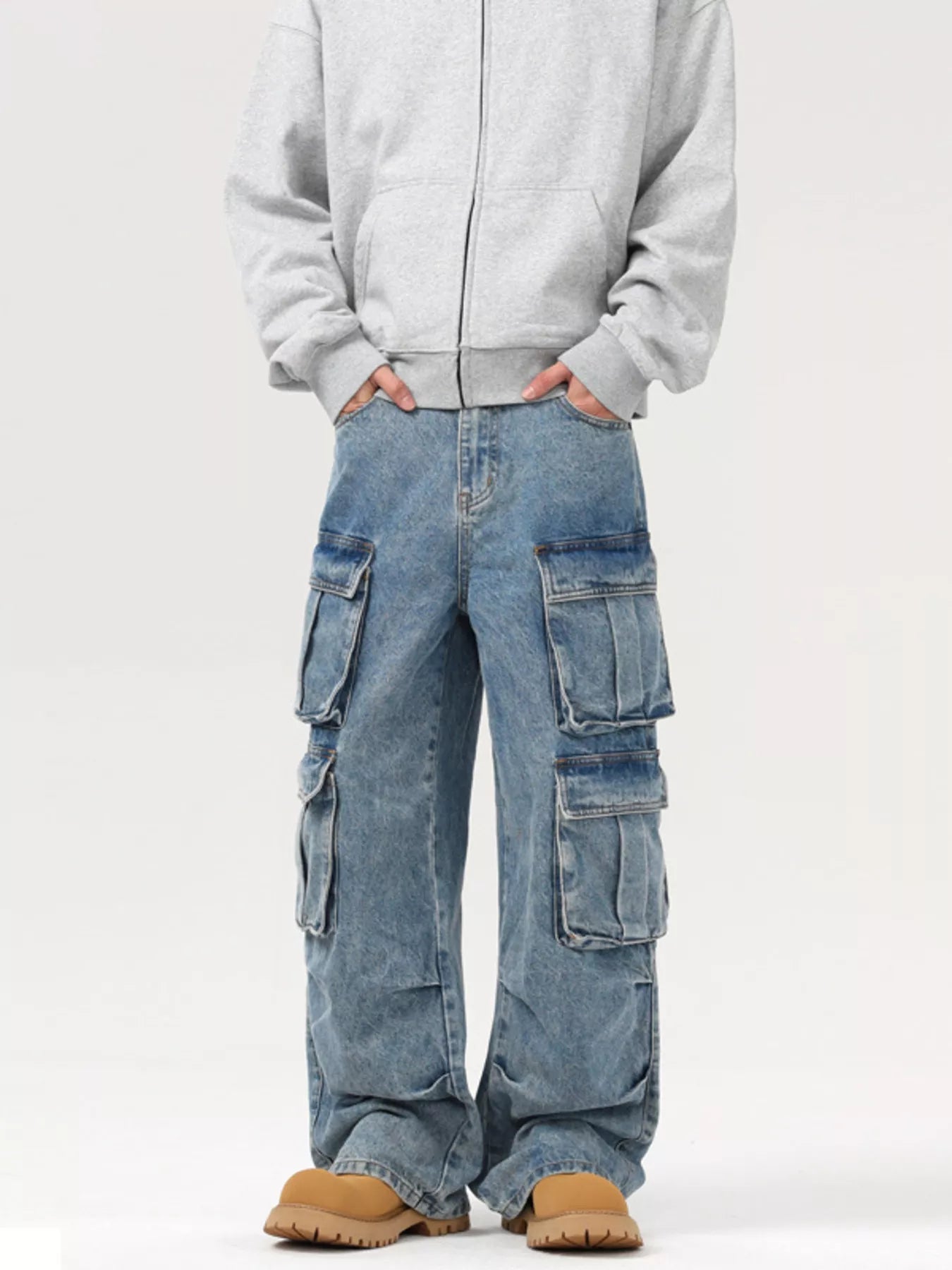 Jeans cargo pants men's multi-pocket wide leg denim S-2XL